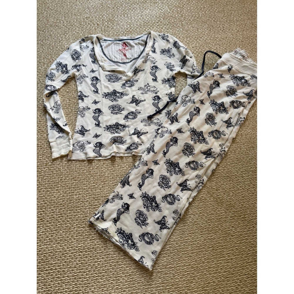 PJ Salvage Mermaid Tattoo Print Pajama Set Waffle Knit nautical Beachy coastal L